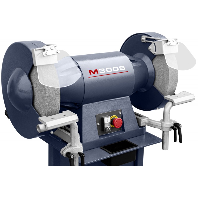 Industrie-Doppelschleifmaschine CORMAK M300S mit Untergestell und Absaugung CORMAK MDC750 400V für Metallspäne