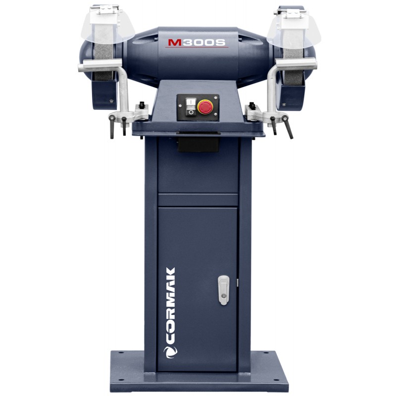 Industrie-Doppelschleifmaschine CORMAK M300S mit Untergestell und Absaugung CORMAK MDC750 400V für Metallspäne