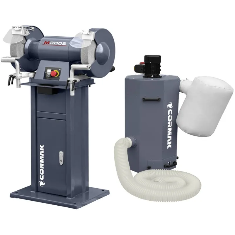 Industrie-Doppelschleifmaschine CORMAK M300S mit Untergestell und Absaugung CORMAK MDC750 400V für Metallspäne