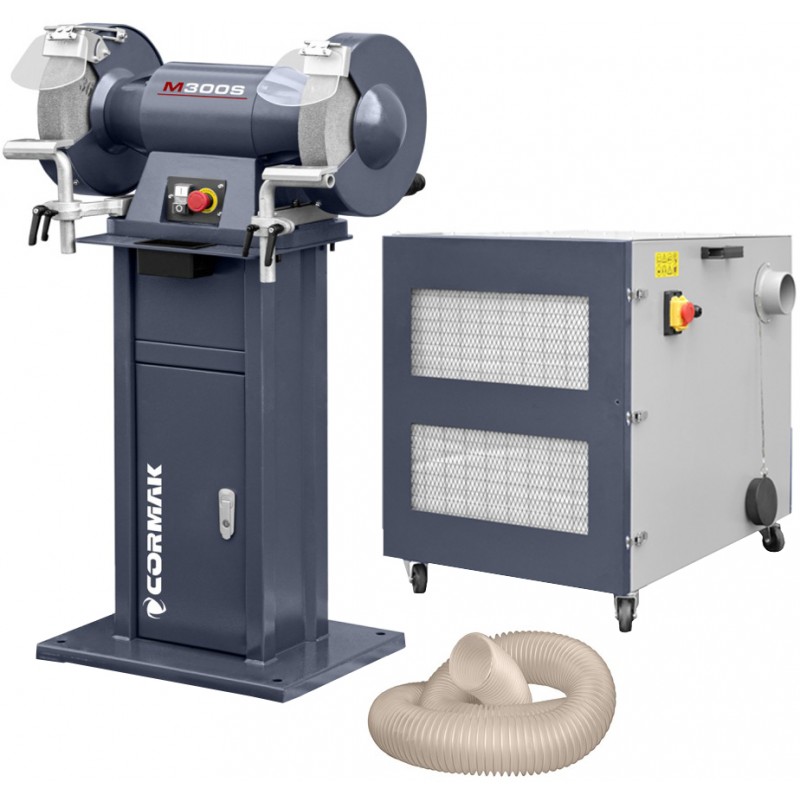 Industrie-Doppelschleifer CORMAK M300S mit Untergestell und Absaugung für Metallspäne und -abrieb MDC1500 400V