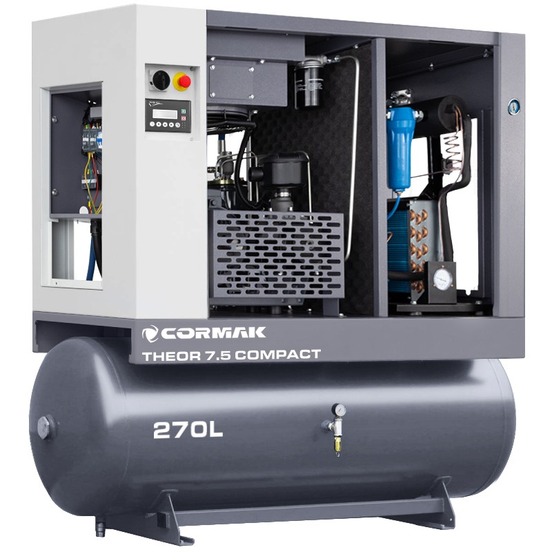 Schraubenkompressor mit Kältetrockner CORMAK THEOR 7,5 COMPACT - 5,5kW - 650L/min. 270L Druckluftbehälter