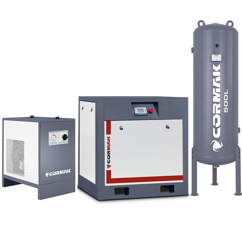 Schraubenkompressor mit Kältetrockner IZBERG N20S und 500L vertikalem Druckluftbehälter CORMAK THEOR 20 2000L/min 15kW