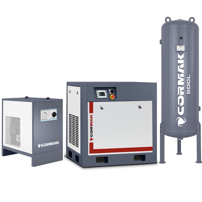 Schraubenkompressor mit Frequenzumrichter, Kältetrockner IZBERG N20S und 500L Druckluftbehälter THEOR 20 2000L/min 15kW