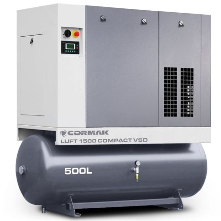 Schraubenkompressor mit Kältetrockner, Frequenzumrichter und 500L Druckluftbehälter CORMAK LUFT 1500 COMPACT 1580L/min 11kW