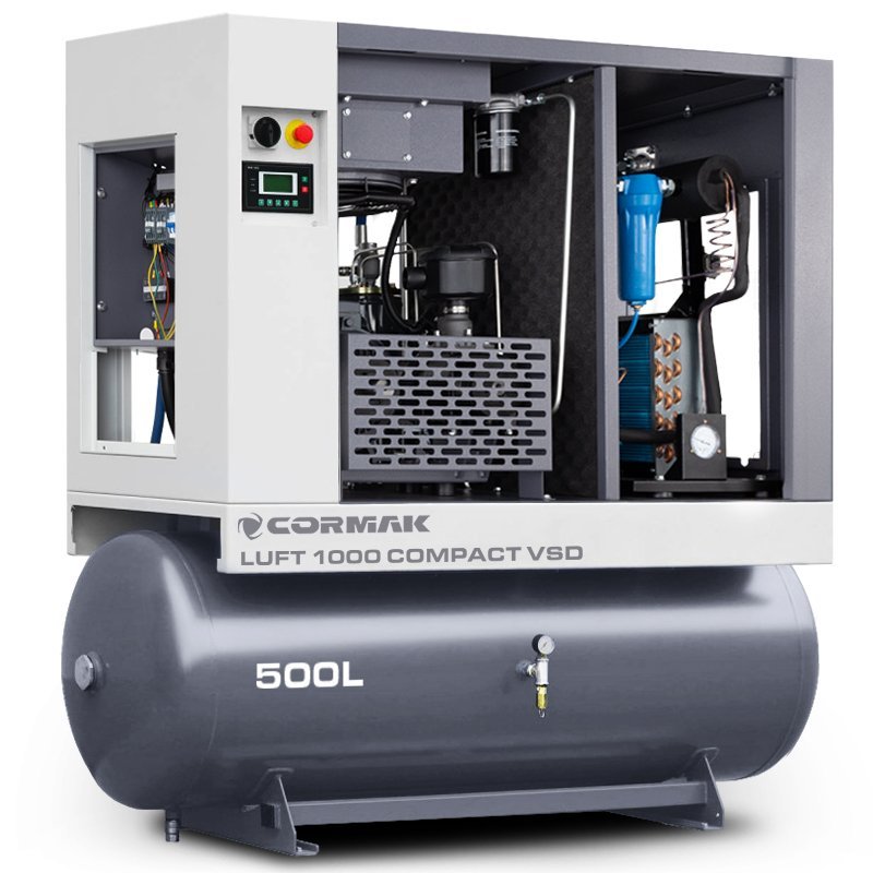 Schraubenkompressor mit Kältetrockner, Frequenzumrichter und 500L Druckluftbehälter CORMAK LUFT 1000 VSD COMPACT 950L/min 7.5kW