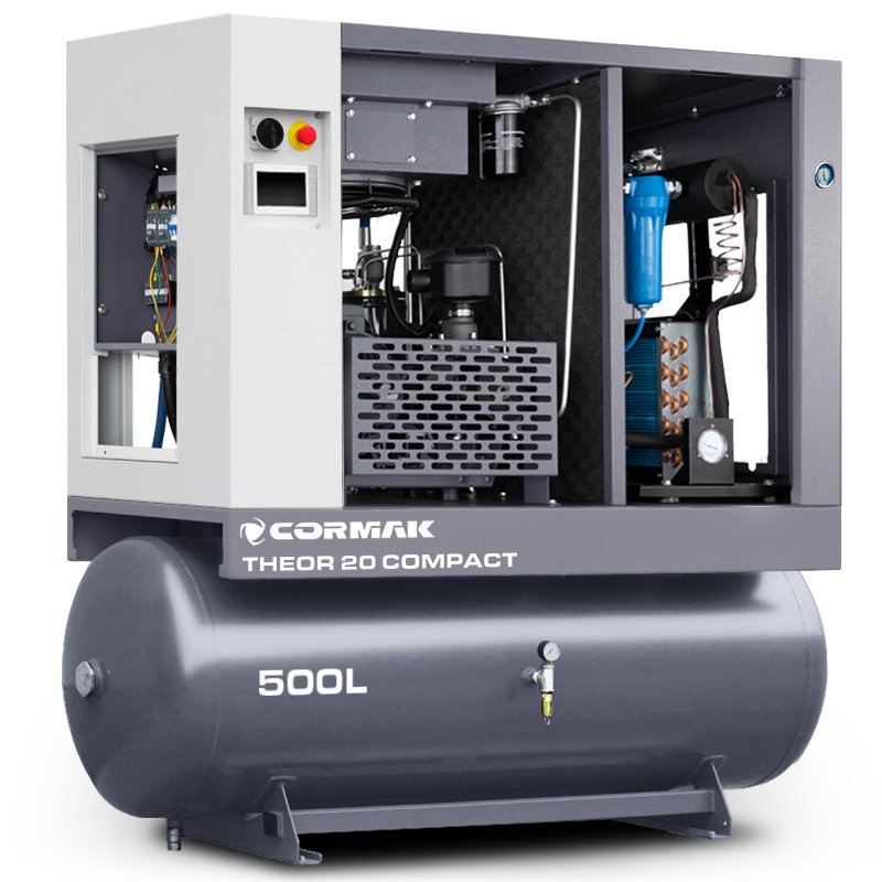Schraubenkompressor mit Kältetrockner, Frequenzumrichter und 500L Druckluftbehälter CORMAK THEOR 20 COMPACT 2000L/min 15kW